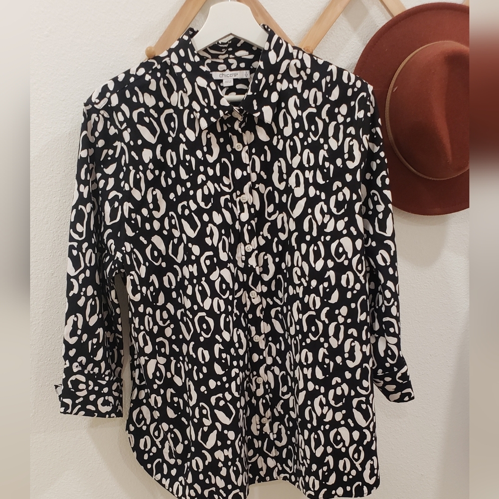 Chico's Women 3/4 Sleeve Button Up Career,non Iron black W/white Design,16
